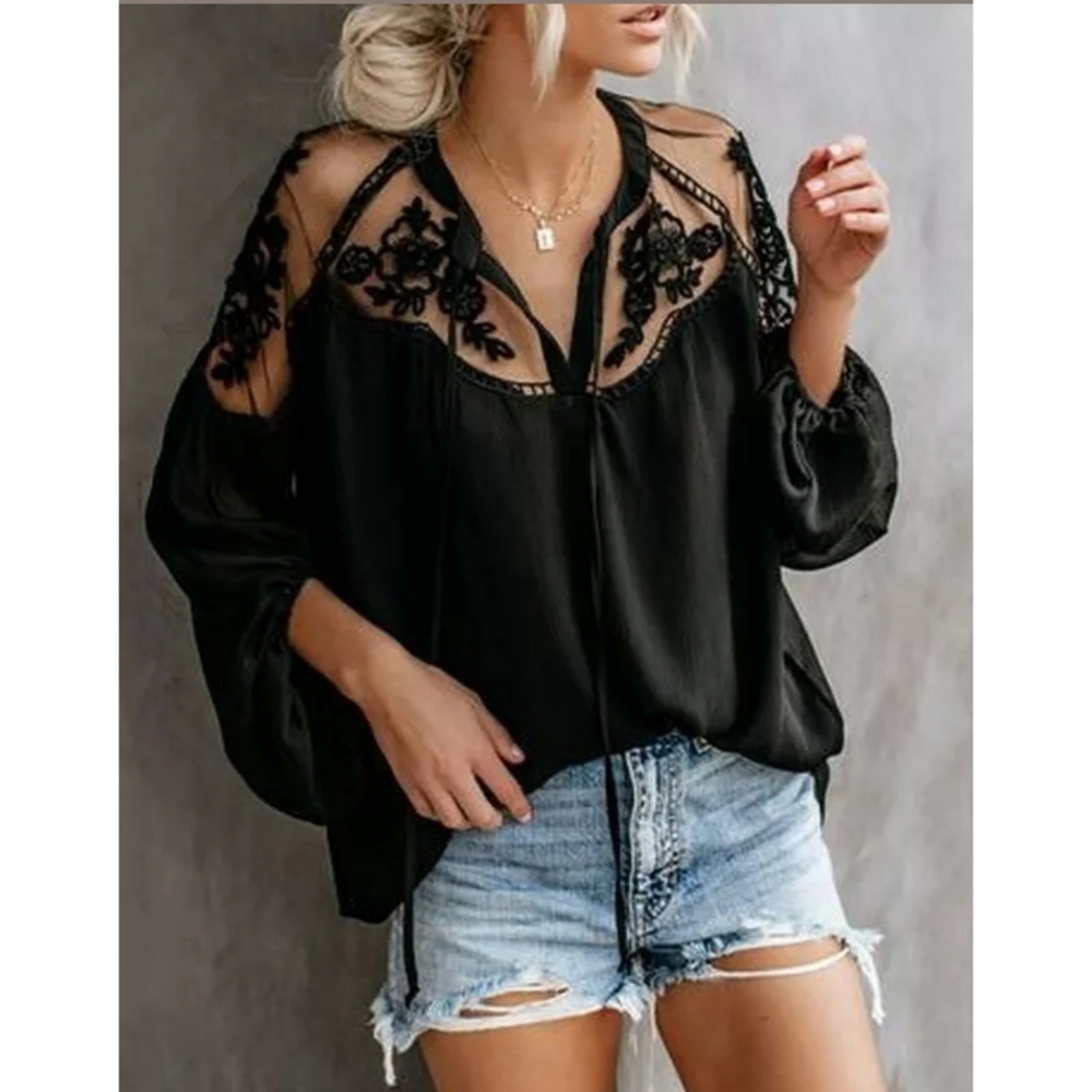 5⭐Black boho floral lace embroidered chiffon top - Picture 2 of 5